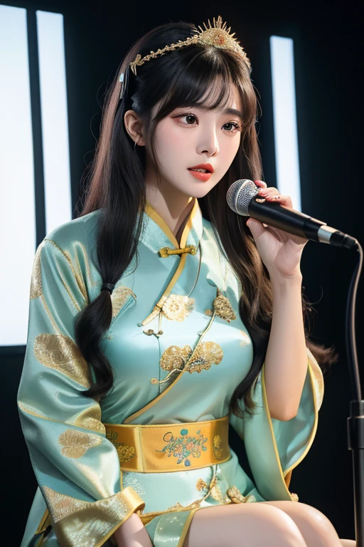 a close up of a person sitting in front of a microphone, ruan cute vtuber, twitch streamer, cutecore, belle delphine, lalisa manobal, lofi girl, sitting in front of a microphone, korean idol, she has black hair with bangs, kanliu666, trending on cgstation, highly realistic. live cam vtuber asia et.Goddess Wang Yiting,wearing sexy lingerie,traditional china,18 years old,Charming and alluring,穿著紅色cheongsam,Chinese clothing,beautiful exotic, interesting costumes, Chinese traditional clothing, Gorgeous Chinese model, Hanfu, cheongsam,Bellyband
