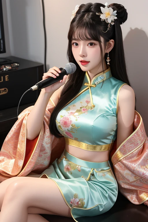 a close up of a person sitting in front of a microphone, ruan cute vtuber, twitch streamer, cutecore, belle delphine, lalisa manobal, lofi girl, sitting in front of a microphone, korean idol, she has black hair with bangs, kanliu666, trending on cgstation, highly realistic. live cam vtuber asia et.Goddess Wang Yiting，wearing sexy lingerie，traditional china，18 years old，Charming and alluring，穿著紅色cheongsam，Chinese clothing，beautiful exotic, interesting costumes, Chinese traditional clothing, Gorgeous Chinese model, Hanfu, cheongsam，Bellyband