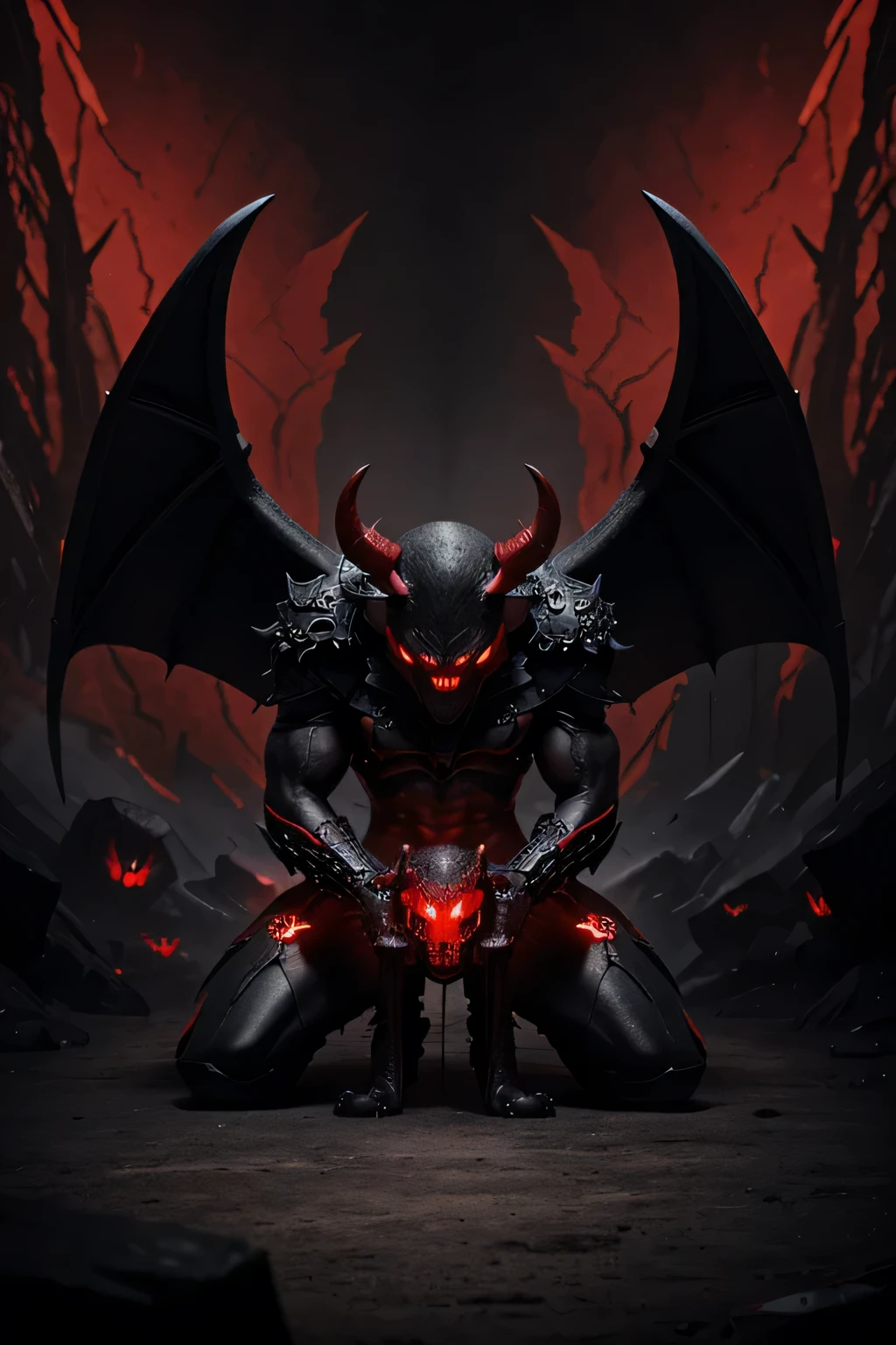 Resolution of at least 2.048 x 1.152 Pixel ((Best quality)), ((Meisterwerk)), (Detaillierte), A demon that is black and red, similar with the devil kneeling before a black huge beast with red eyes background cave overlord anime