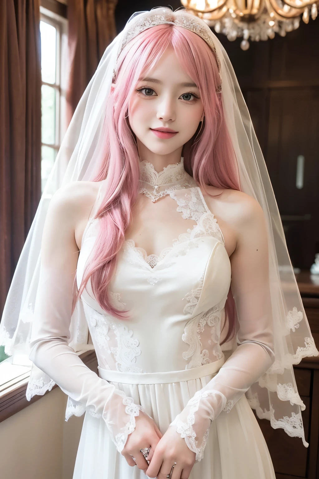 (8K, top-quality, masterpiece:1.2), (reallistic, Photorealsitic:1.37), Super Detail, One girl,), (Highly detailed), (beautifully detailed eyes), (of the highest quality), (super detailed ), (masterpiece), (Detailed face),20yr old, ,1 girl, ((pink hair,long hair)), medium breasts, clothed, Perfect Lighting, BREAK, (wedding dress:1.5), (sheer fabric:1.3), (lace details:1.4), (modest exposure:1.2), (innocent yet sexy:1.3), (white:1.4), (ivory:1.2), (beige:1.1), (long train:1.2), (high-neck blouse:1.1), (wide-leg culottes:1.2), (silk socks:1.1), (flat shoes:1), BRAKE, (upper body to thighs:1.3), (long pink hair:1.2), (standing:1.2), (smile:1.2), (face forward:1), (looking at viewer:1), (hands on dress:1), (chandelier:1.1), (white flowers:1), (natural light:1.2), (highschool:1.2)