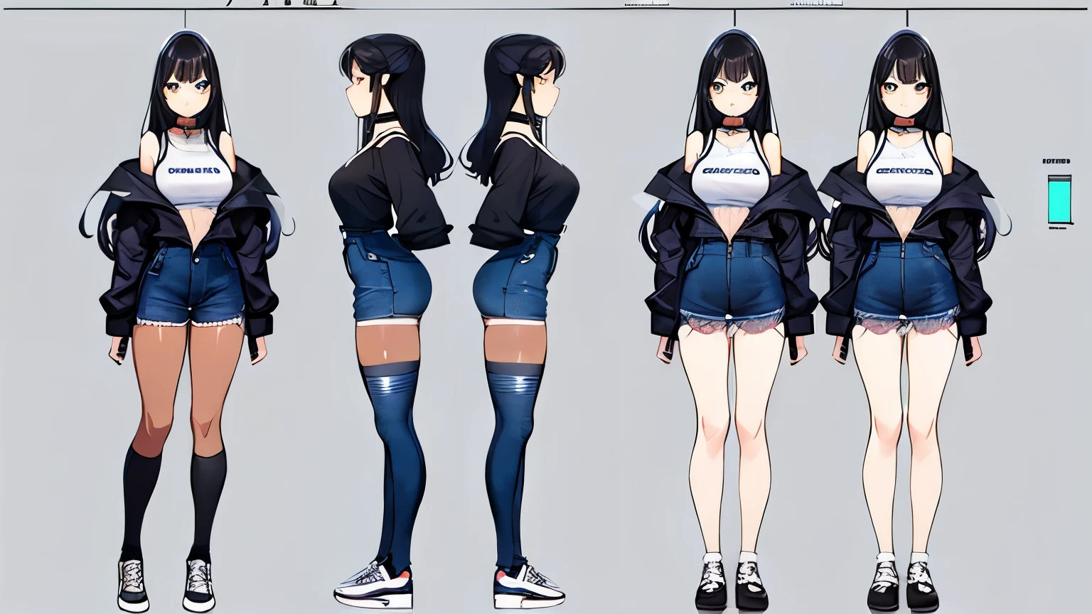 (best quality, masterpiece), 1girl, cute,standing up straight,three view drawing, front and back and side, character sheet,full body,simple background,170cm,22yo,black skin,long black hair,choker,blue eyes,trainers,jeans,surprised look