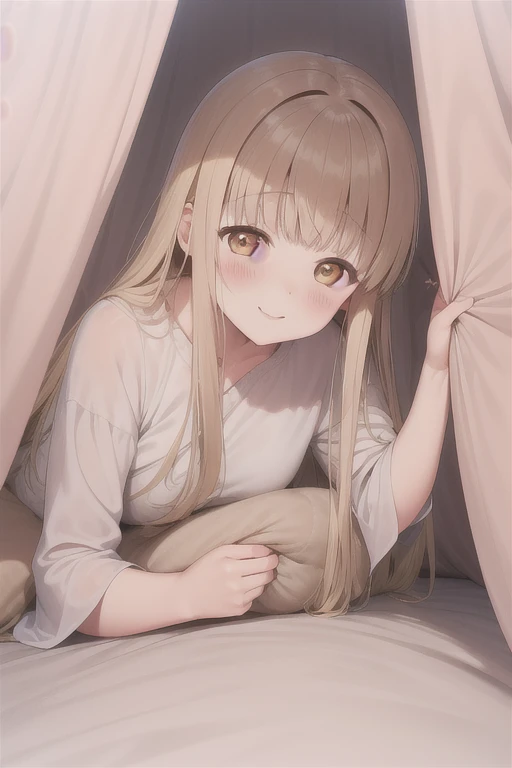 1girl, pose under_covers,under covers, mahiru shiina, long blond hair, blush, murnfull smile