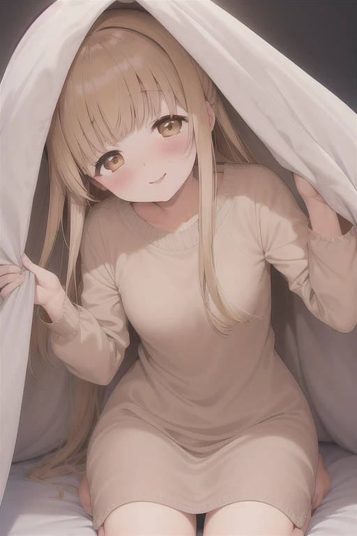 1girl, pose under_covers,under covers, mahiru shiina, long blond hair, blush, murnfull smile