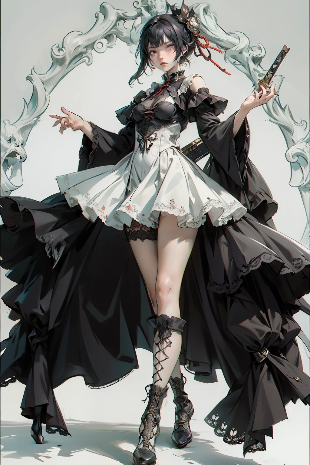 ((best quality)), ((masterpiece)), (detailed), blank white background, plain background, white background, red and white clothing, Bloodborne inspired, occult aesthetic, occult, detailed and intricate steampunk and detailed gothic, NSFW, Very dramatic and cinematic lighting, cosmic horror, grim-dark, side-lighting, perfect face, NSFW, Fluttering lace flared long knee length dress with frilly petticoats, knee length dress, pleated petticoats, ta dress, petticoats gothic lolicomplex lace boots, side-lighting, gothic lolita aetic, wielding a mighty sword, carbine, NSFW, beautiful small breasts, small breasts, full body, whole body, body, plain background, white background, blank background, no background, white background NSFW, full body, whole body, head-to-toe NSFW
