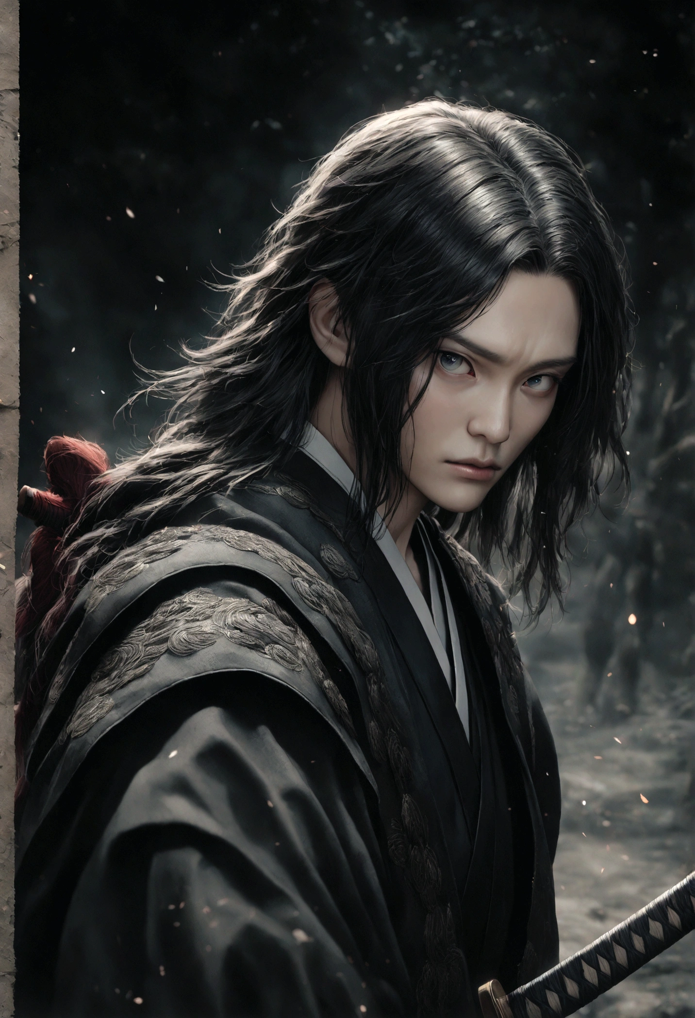 a samurai warrior with a japanese katana sword,Tomioka Giyuu from Demon Slayer anime,highly detailed face and expression,dramatic lighting,strong contrast,cinematic composition,dark moody atmosphere,beautiful detailed eyes,extremely detailed face,intricate detailed clothing,flowing samurai robes,photorealistic,8k,best quality,masterpiece