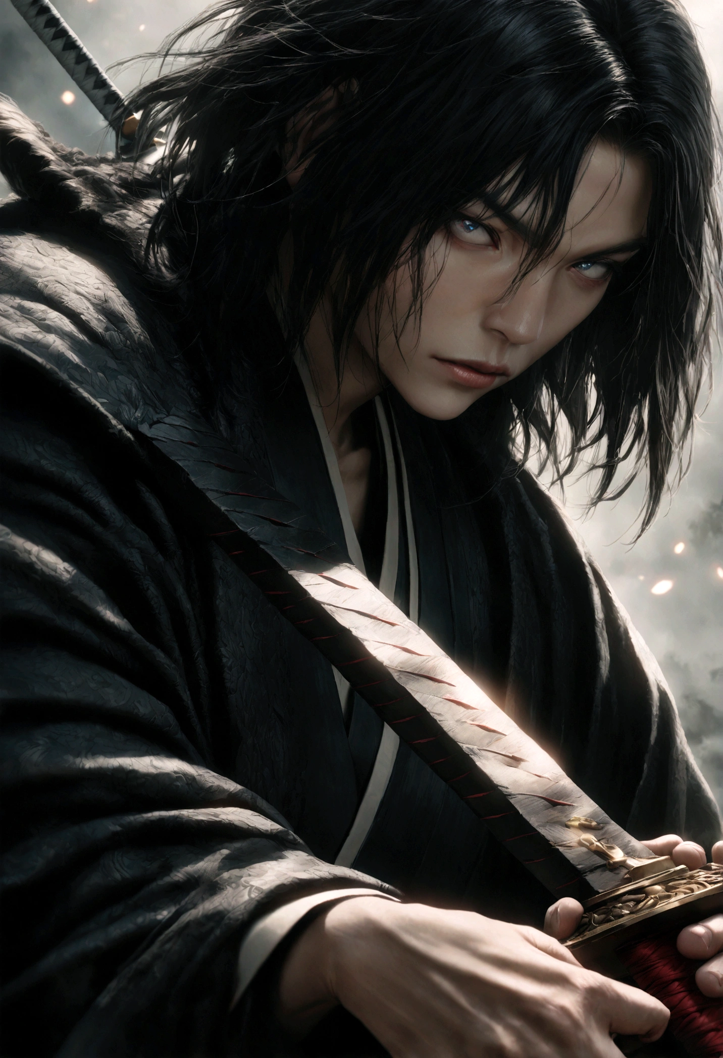 a samurai warrior with a japanese katana sword,Tomioka Giyuu from Demon Slayer anime,highly detailed face and expression,dramatic lighting,strong contrast,cinematic composition,dark moody atmosphere,beautiful detailed eyes,extremely detailed face,intricate detailed clothing,flowing samurai robes,photorealistic,8k,best quality,masterpiece
