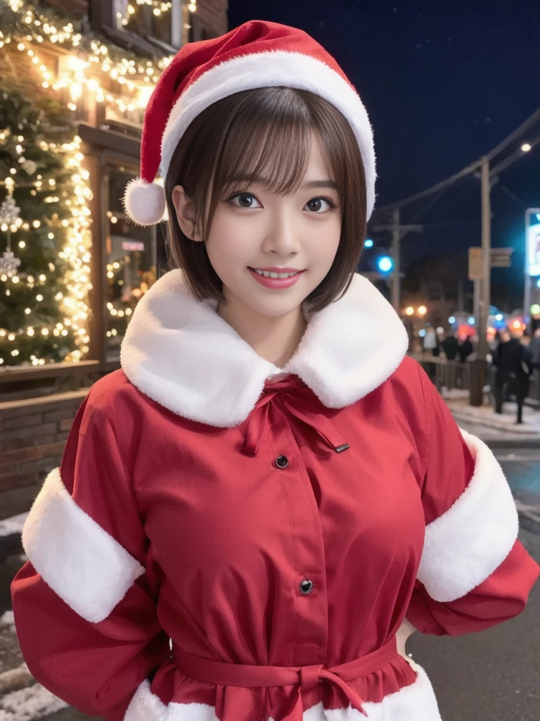 1girl, santa claus costume, symmetry, beautiful cute girl, slender figure, (ultra short hair:1.5), ultra big smile, Beautiful large round droped detailed eyes, beautiful detailed lips, extremely detailed face, natural makeup,Incredibly beautiful skin, (best quality,4k,8k,highres,masterpiece:1.5),(ultra-detailed,realistic,photorealistic,photo-realistic:1.75),professional,vivid colors,studio lighting,snowing night town,christmas eve