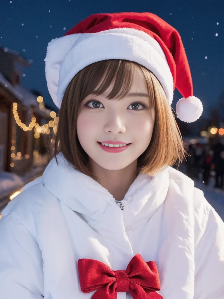 1girl, santa claus costume, symmetry, beautiful cute girl, slender figure, (ultra short hair:1.5), ultra big smile, Beautiful large round droped detailed eyes, beautiful detailed lips, extremely detailed face, natural makeup,Incredibly beautiful skin, (best quality,4k,8k,highres,masterpiece:1.5),(ultra-detailed,realistic,photorealistic,photo-realistic:1.75),professional,vivid colors,studio lighting,snowing night town,christmas eve