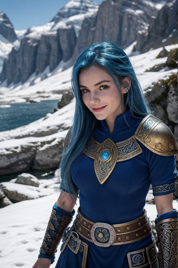 Jeune femme de 25 ans, visage fin, cheveux long, blue hairs, yeux bleus, tâches de rousseur sur tout le corps, HD, 8K, masterpiece, sourire romantique, sexy, metal lingery, gold armor, celtic design chest armor, guerrière viking, celtic tattoo, viking chest tattoo, dans un fjord, snow, viking house
