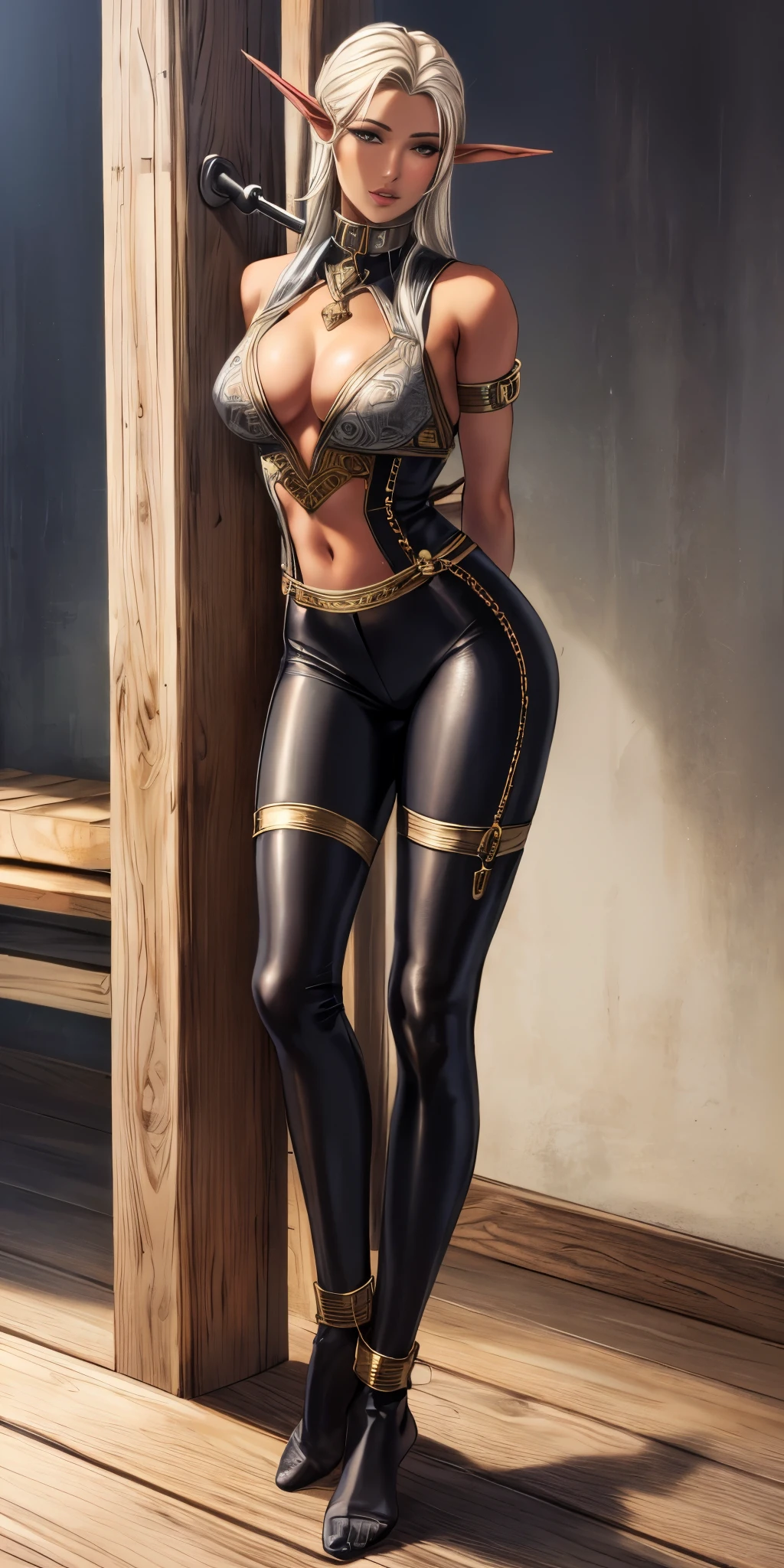 (Masterpiece, best quality, intricate details, 1sologirl) iron collar, arms behind back, iron cuffs, shackles, bound ((standing by wooden pole:1.2)) ((Pirotes Dark elf skin)) show entire body, feet in view, realistic, gorgeous 16y.o. light skinned mixed race female, African, transparent black pantyhose, legs open, museum, no shoes, looking to viewer straight symmetrical