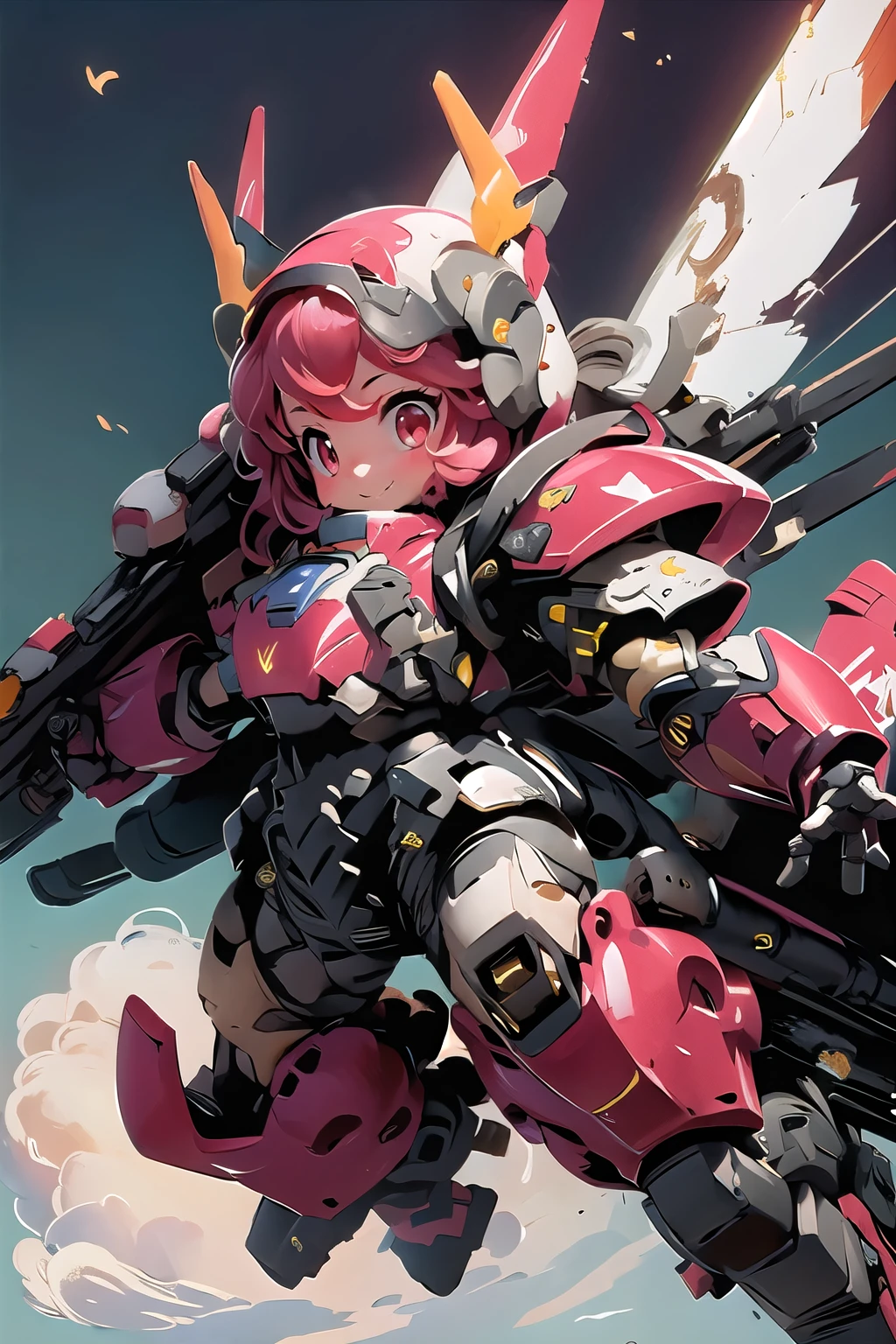 BREAK, ((masterpiece)), (((girl floating in the sky,))) vibrant colors, 8k, best quality, ultra detailed illustration, (large cute face), (short legs:1.2), high resolution, solo, Masterpiece, best quality, Mecha, perfect anatomy, ((from below)), bodysuit, red_eyes , chibi face, short hair, ((headgear)), robot joints, full armor, power armor, becoming a mecha, Fancy background, field, ((full body in frame, over size helm, flying, floating)), dynamic pose, fighting stance, ((low-angle)), ((low-angle view)), ((mechanical parts)), mechanical wings, (mechanical tail), mecha musume, full armor ,mecha musume, (RARS), (HRS), (full armor:2.0), (mecha armor:1.2) , (heroic parts:1.5), (huge shield:1.2), (battle-ready:1.2), (huge cannon:1.2), (huge-jetpack:2), (huger body:1.7), ((red coloring armor)), Heavy armament, heavy equipment, macro, close up, of the face, sharp focus, shining brightly hair, flawless skin textures, shiny oiled skin, extremely detailed anime eyes , extreme light and shadows, glowing eyes, (blue sky), white clouds, looking down, BJ_Cute_Mech,mecha musume, mechanical parts, mecha warrior, headgear, robot joints, full armor, becoming a mecha, ((looking down, glowing eyes)), colorful eyes, (ssmile), evil smile
