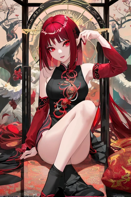 Asian girl, hermosa, demonio, ojos rojos, cabello blanco, garras, enormes pechos, desnuda, mostrando el culo al espectador, de espalda