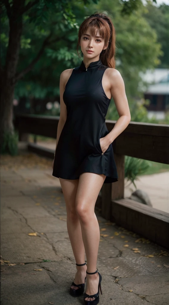 Kasumi, brown eyes, (best quality, ultra-detailed), (realistic:1.37), beautiful and detailed face, ultra-realistic texture, delicate face, delicate body, red lipstick, bright colors. High definition, 8K, well defined legs.