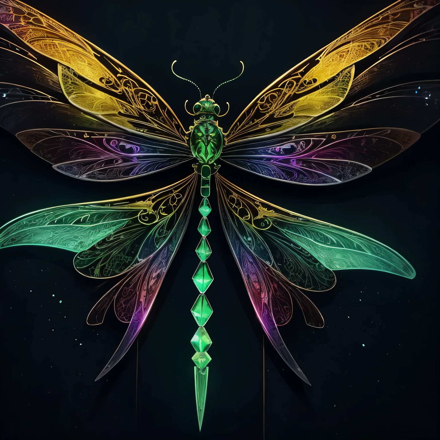 Centered vectorized illustration logo design, watercolor, chromed oil painting of a psychedelic dragonfly with three eyes, black backgroand sparks, neon green, golden and silver colors high quality, best quality, perfectly textured, dramatic luminosity, octane render 8K.