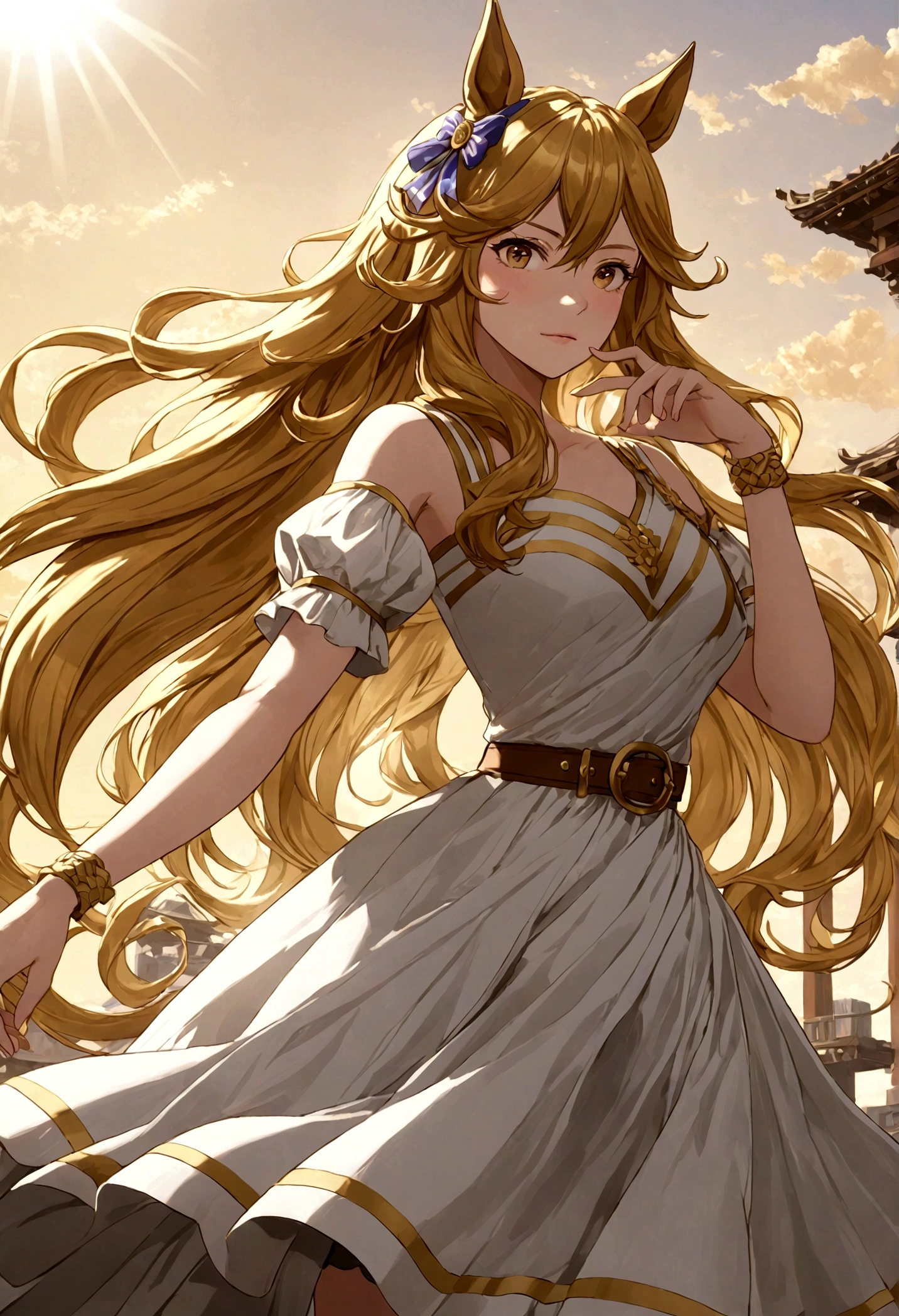 gold_city, umamusume, cygames, detailed, beautiful golden wave long hair, The pose of the model