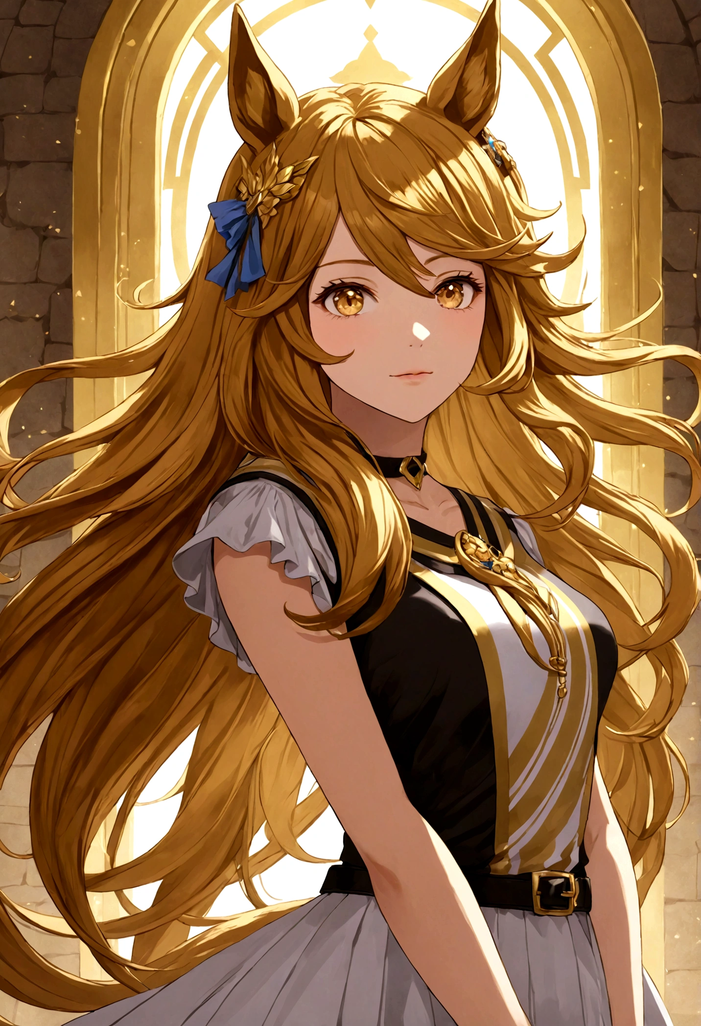 gold_city, umamusume, cygames, detailed, beautiful golden wave long hair, The pose of the model