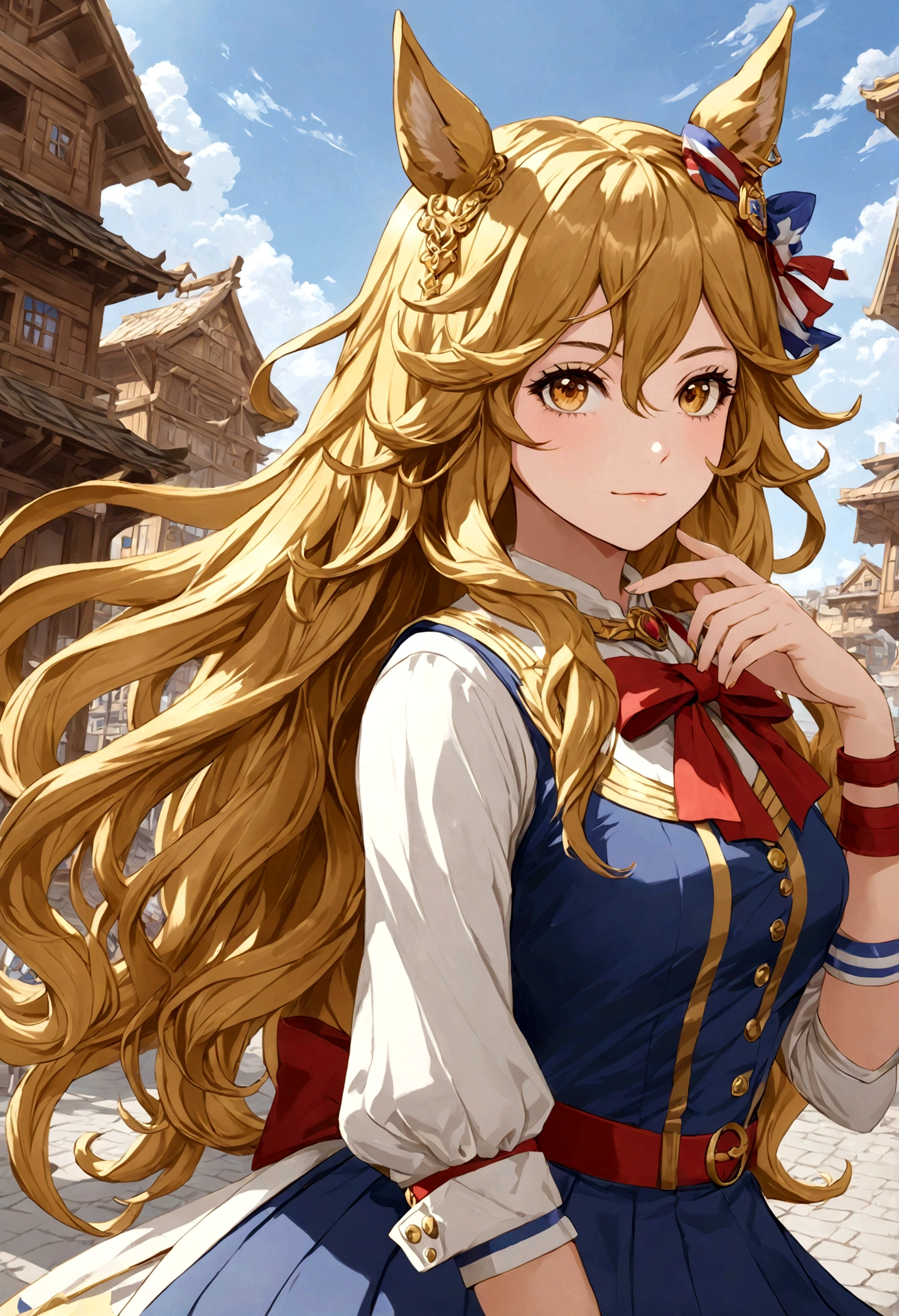 gold_city, umamusume, cygames, detailed, beautiful golden wave long hair, The pose of the model