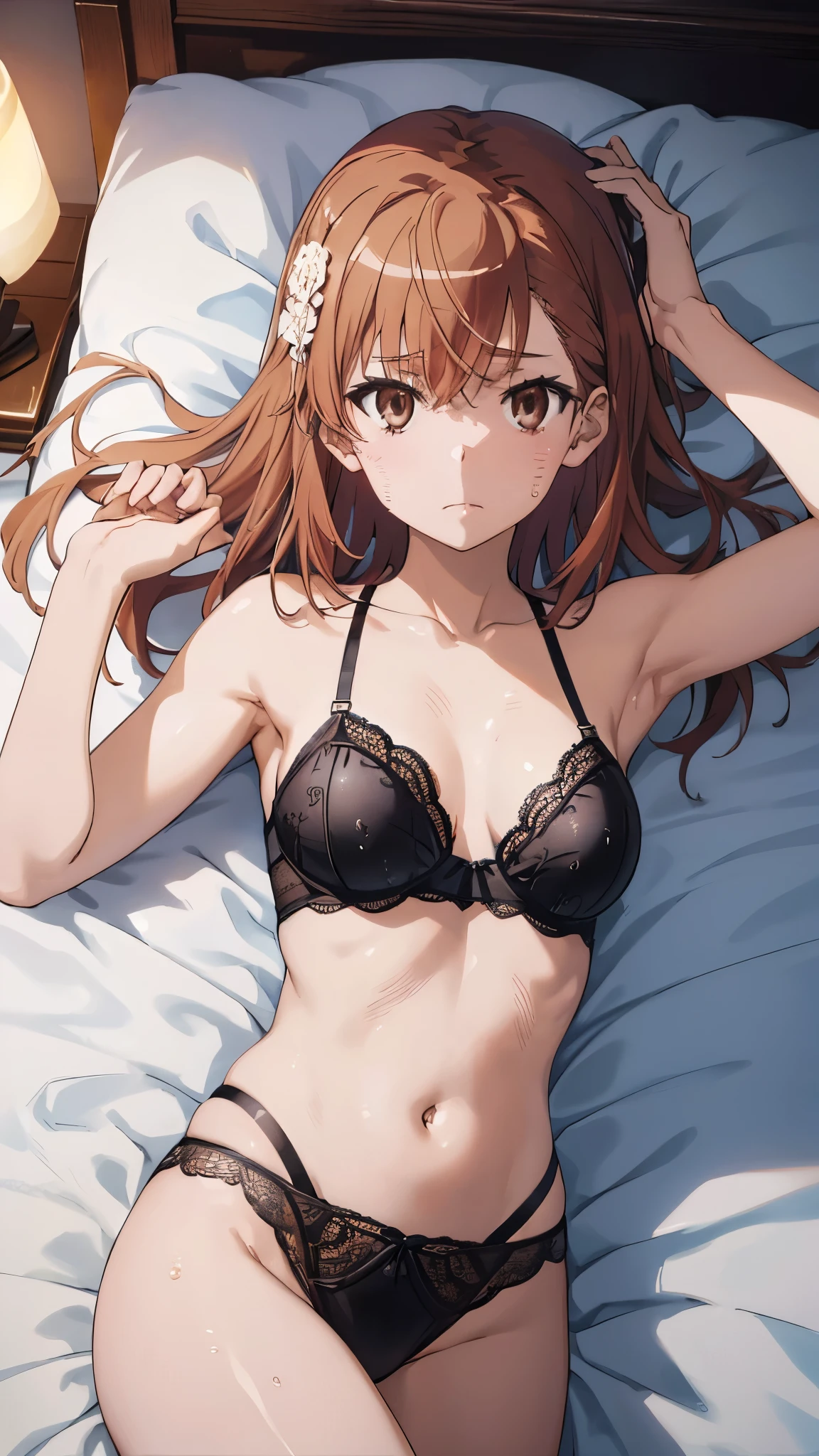 Anime girl in lingerie lying on bed Masterpiece, highest quality, High Resolution, Mikoto rose. Raise your arms sweating Torchlight Armpit sweat Super wet Cute Lingerie Embarrassed face
,Beautiful and perfect legs, Clean and perfect hands(Put your index finger over your mouth:1.2)