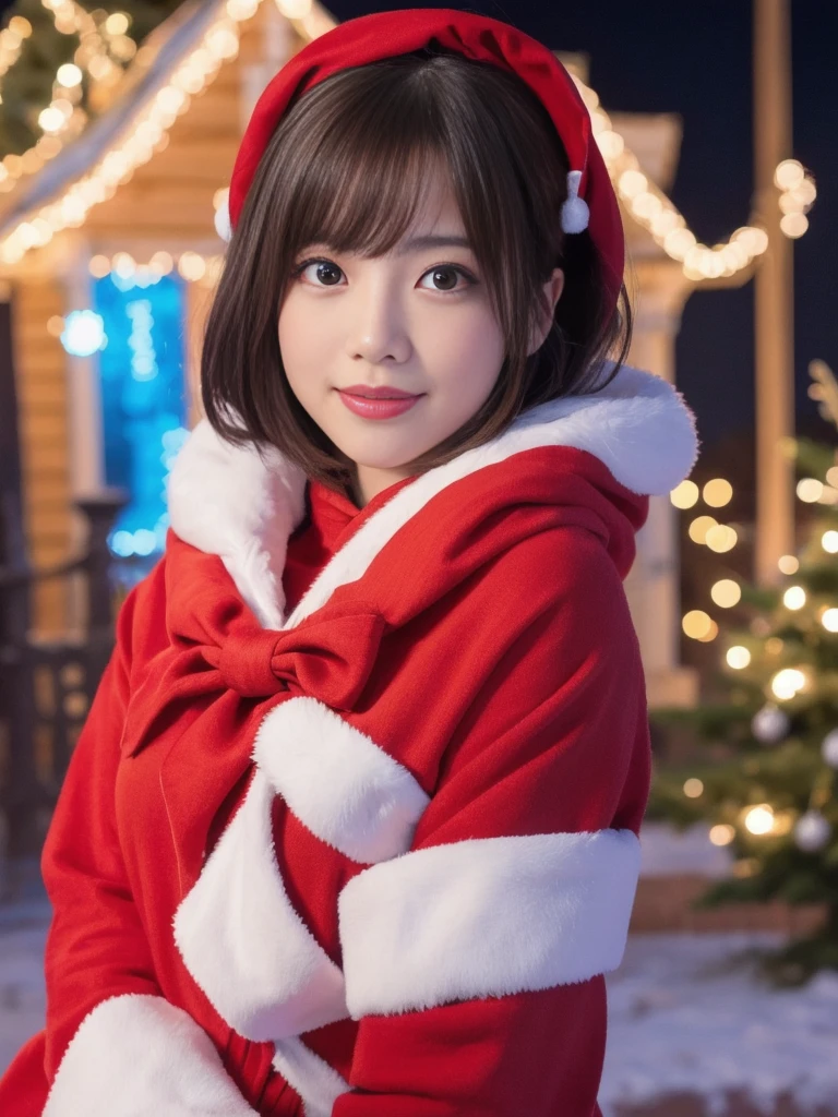 1girl, santa claus costume, symmetry, beautiful cute girl, slender figure, (ultra short hair:1.5), ultra big smile, Beautiful large round droped detailed eyes, beautiful detailed lips, extremely detailed face, natural makeup,Incredibly beautiful skin, (best quality,4k,8k,highres,masterpiece:1.5),(ultra-detailed,realistic,photorealistic,photo-realistic:1.75),professional,vivid colors,studio lighting,snowing night town,christmas eve