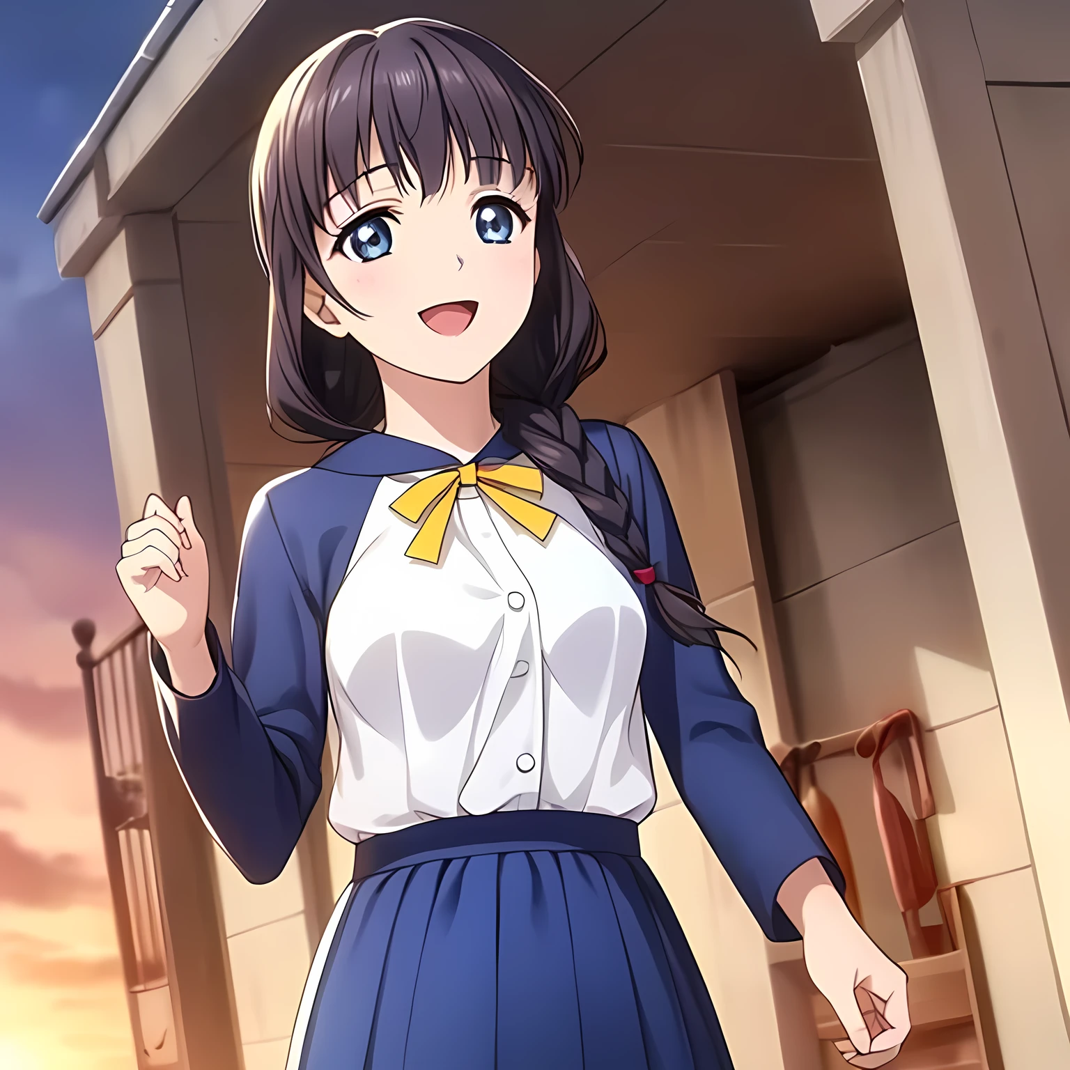 (highest quality, masterpiece:1.2), highest quality, High resolution, 1080p, 8K, Game heroine CG, Height: 158cm, ((A beautiful girl, the game heroine, is smiling and looking proudly.)), A face that everyone loves, Glossy lips, Even bangs, Double, Long eyelashes on both the top and bottom, Smiling blue eyes, The very large and thick yellow ribbon bowtie is very cute., ((Black Hair)), ((Beautiful, shiny, long braids)), ((A long, neat, dark navy pleated skirt)), (((A long-sleeved navy blue sailor uniform for winter, all dark blue in color))), ((Navy blue jacket)), Smiling, slightly open mouth like a game heroine, Ribbon in hair, Tight waist, ((The background is pure white)), The wind blowing upwards hits my face and bangs