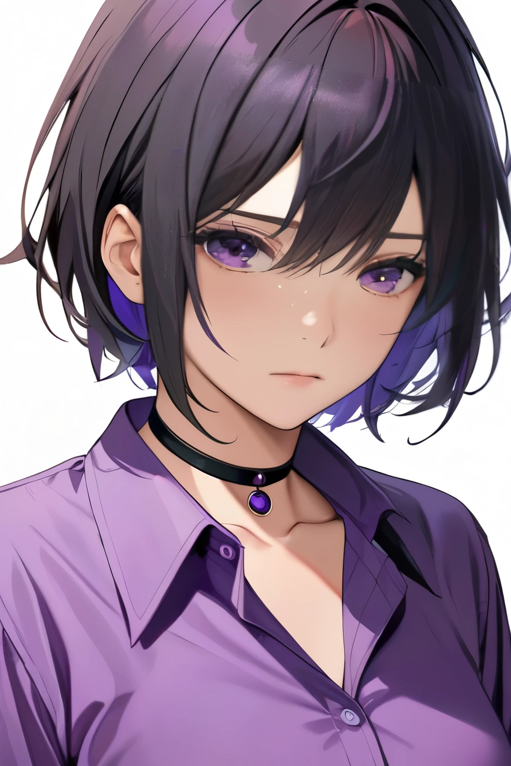 High-resolution anime digital art, Masterpiece, upper body, tomboy, mature, sexy, smart, hair color black, short black hair, real detail eyes pupil purple, long purple plain closed button shirt, black chokers, sad face (simple background, white background)