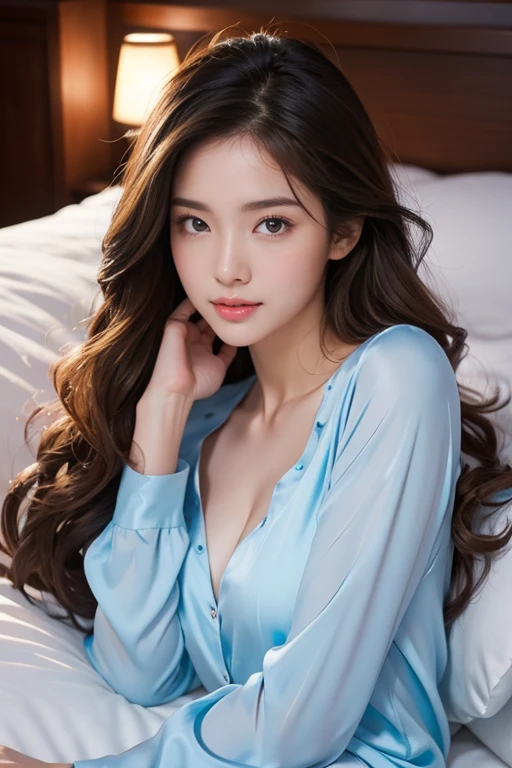 highest quality、4K、Perfect Face、Perfect Style、Sunburn、beautiful、silk blue pajama、maature、long curly layer brown hair、Swept-back hair、full body, in bedroom、no make up、in night、sexy 、charming、healthy、she is sleeping、