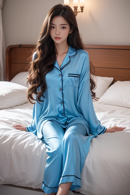 highest quality、4K、Perfect Face、Perfect Style、Sunburn、beautiful、silk blue pajama、maature、long curly layer brown hair、Swept-back hair、full body, in bedroom、no make up、in night、sexy 、charming、healthy、she is sleeping、