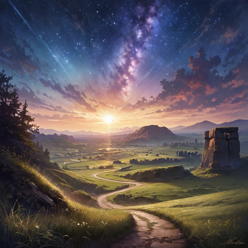 Road to the Sky、A straight road that goes up and down again and again towards the sky、Stonehenge in front of the image、The light shines on Stonehenge、night、A starry sky、Hilly Meadows、(((Landscape painting)))、{{masterpiece、highest quality、(((Realistic、Realistic:1.37)))、8K quality}}、wide々and a sight、refreshing、Windblown grassland、