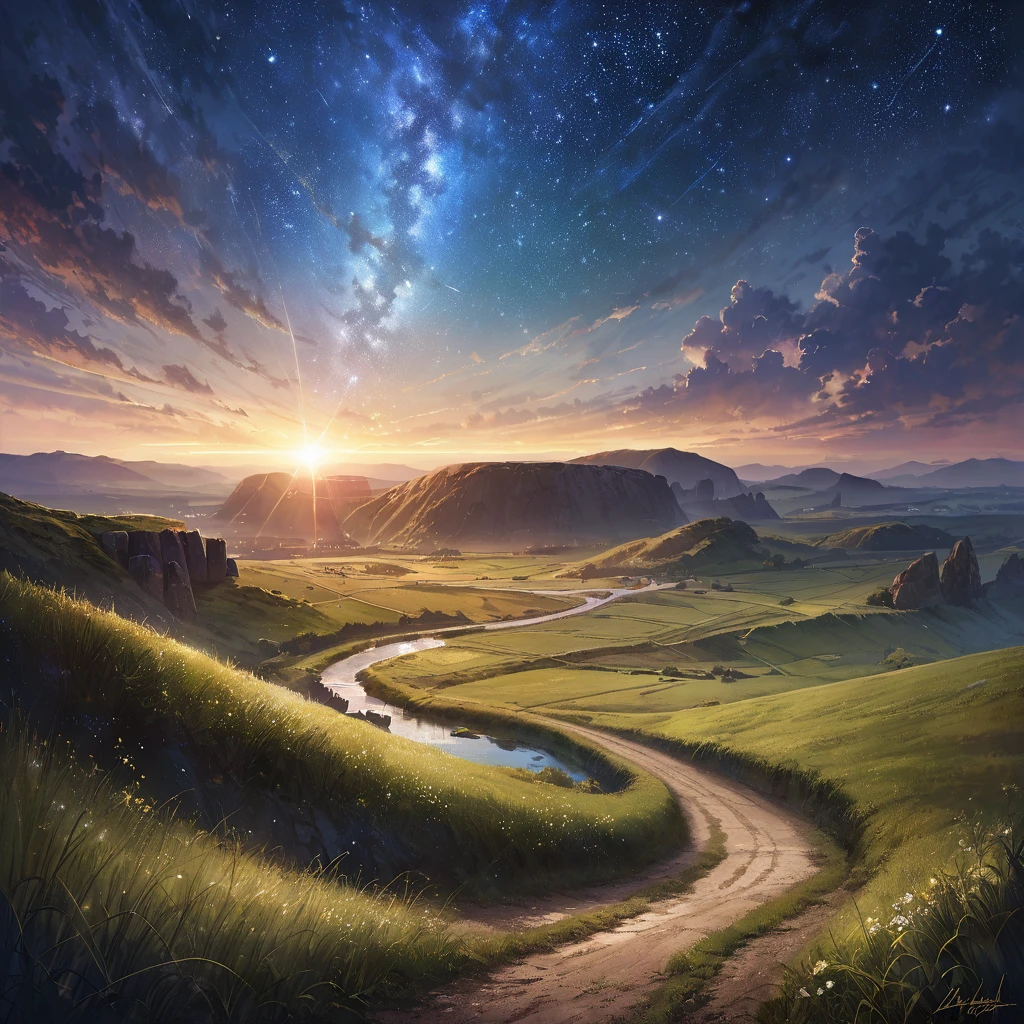Road to the Sky、A straight road that goes up and down again and again towards the sky、Stonehenge in front of the image、The light shines on Stonehenge、night、A starry sky、Hilly Meadows、(((Landscape painting)))、{{masterpiece、highest quality、(((Realistic、Realistic:1.37)))、8K quality}}、wide々and a sight、refreshing、Windblown grassland、