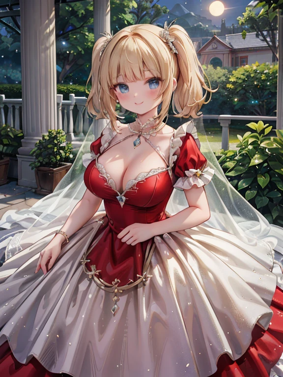 masterpiece, highest quality, Very detailed, 16k, Ultra-high resolution, Cowboy Shot, Nikon, Detailed face, Perfect Fingers, 22-year-old woman, smile, Big Breasts, blue eyes, Blonde, Twin tails, wedding princess dress, (Red dress:1.5), Moonlit Night, Royal Palace Garden, Evening Party 