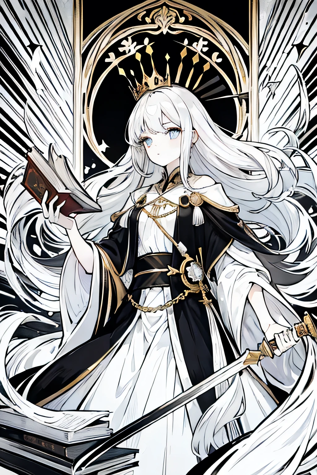 White hair, crown, golden and black robe, a long-haired girl, books, black and white one-handed sword