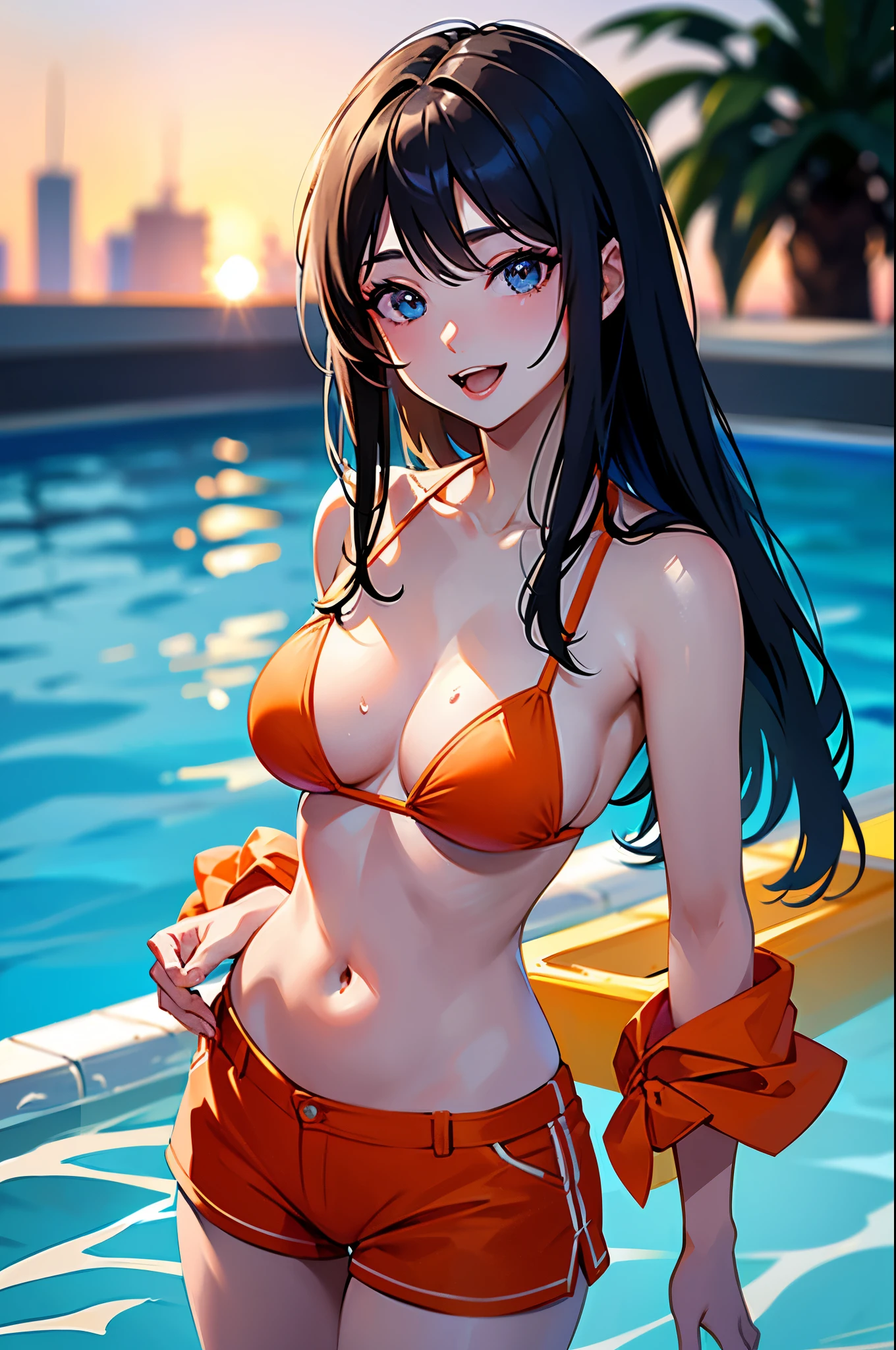 (One girl:1.3, alone), (masterpiece, highest quality, photoRealistic, High resolution, photograph, :1.3), Super detailed, Sharp focus, プロのphotograph, 商業photograph, (Upper Body:1.3), (walkini In the pool:1.3, 
 in water:1.3, breasts on water:1.37), (((Staring at the audience:1.5))), break, One girl, alone, Mature Woman, European girl, Hot Model, (Attractive model:1.37), (Promotional Model:1.2), Highly detailed eyes and pupils, Realistic skin, (Attractive body, Huge breasts:1.38, Disproportionate breasts:1.38, Narrow waist:1.15), Thin Hair, Single braid, Shiny black hair, Very fine hair, Delicate and sexy face, Sensual Gaze, Glossy Lips, break, (Orange Bikini:1.3), (Shorts:1.3), Detailed clothing, break, (Outdoor, Hotel pool background, In the pool, water, breasts on water:1.3, Blurred Background:1.25, Simple Background, Background without humans, Detailed Background), (Under the sunset:1.37), break, (Attractive pose), ((Realistic, super Realistic, realism, Realistic detail)), Perfect Anatomy, Perfect Proportions, Bokeh, Depth of written boundary, Ultra-sharp images, (Attractive emotions, Captivating smile:1.2, Happy:1.2, blush:1.2, :d:1.2, :p:1.2), Four fingers and thumb, Perfect human hand, Wind,