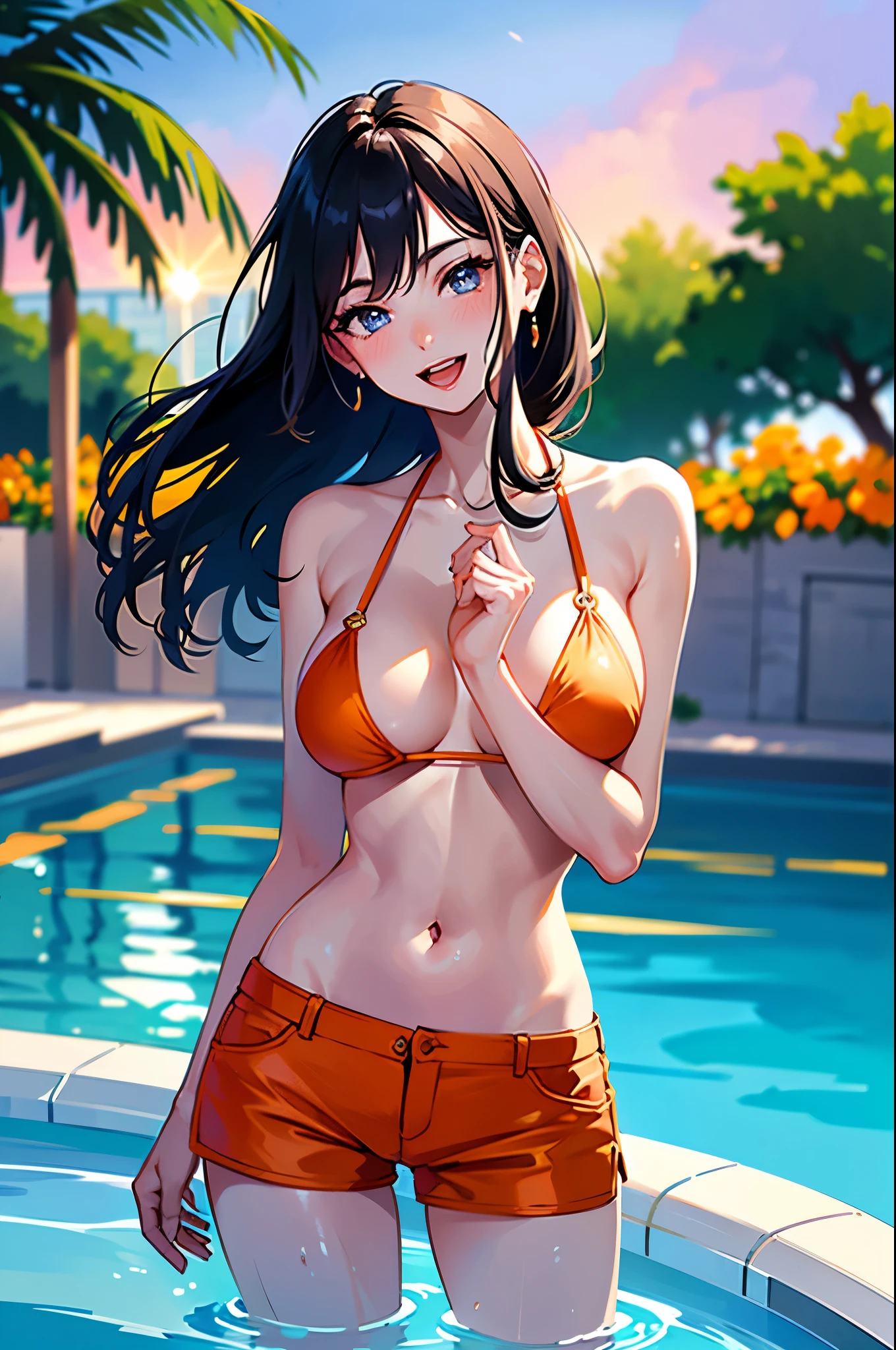 (One girl:1.3, alone), (masterpiece, highest quality, photoRealistic, High resolution, photograph, :1.3), Super detailed, Sharp focus, プロのphotograph, 商業photograph, (Upper Body:1.3), (walkini In the pool:1.3, 
 in water:1.3, breasts on water:1.37), (((Staring at the audience:1.5))), break, One girl, alone, Mature Woman, European girl, Hot Model, (Attractive model:1.37), (Promotional Model:1.2), Highly detailed eyes and pupils, Realistic skin, (Attractive body, Huge breasts:1.38, Disproportionate breasts:1.38, Narrow waist:1.15), Thin Hair, Single braid, Shiny black hair, Very fine hair, Delicate and sexy face, Sensual Gaze, Glossy Lips, break, (Orange Bikini:1.3), (Shorts:1.3), Detailed clothing, break, (Outdoor, Hotel pool background, In the pool, water, breasts on water:1.3, Blurred Background:1.25, Simple Background, Background without humans, Detailed Background), (Under the sunset:1.37), break, (Attractive pose), ((Realistic, super Realistic, realism, Realistic detail)), Perfect Anatomy, Perfect Proportions, Bokeh, Depth of written boundary, Ultra-sharp images, (Attractive emotions, Captivating smile:1.2, Happy:1.2, blush:1.2, :d:1.2, :p:1.2), Four fingers and thumb, Perfect human hand, Wind,