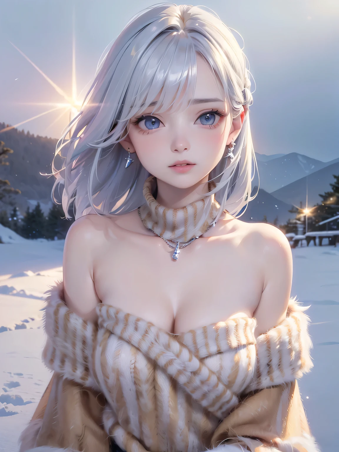 (Upper body portrait:1.5)((masterpiece:1.5、8k、Portraiture、Photorealistic and very detailed CG、Very detailed、Particle Effects、Dynamic Effects、Written boundary depth、Cinematic Light、Lens flare、Ray Tracing、Tabletop、Realistic:1.4、超A high resolution:1.2、Realistic、Realistic))((alone、Off-the-shoulder sweater,Sleeveless,Over an off-the-shoulder knit sweater、Woman in fur coat:1.4、Elegant woman posing:、Detailed face、brightexpression、young, bright, Whiter skin、small beauty breasts、Beautiful cleavage、Best Looks、Ultimate beauty、Shiny silver hair with highlights、Bright and shiny hair,、Modern Hairstyles、Hair dancing in the wind))(morning、The setting is a snowy hill overlooking the ruins.)Accentuate your cleavage