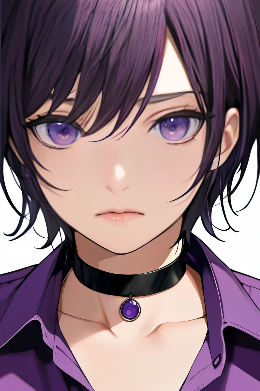 High-resolution anime digital art, Masterpiece, upper body, tomboy, mature, sexy, smart, hair color black, short black hair, real detail eyes pupil purple, long purple plain closed button shirt, black chokers, sad face (simple background, white background)