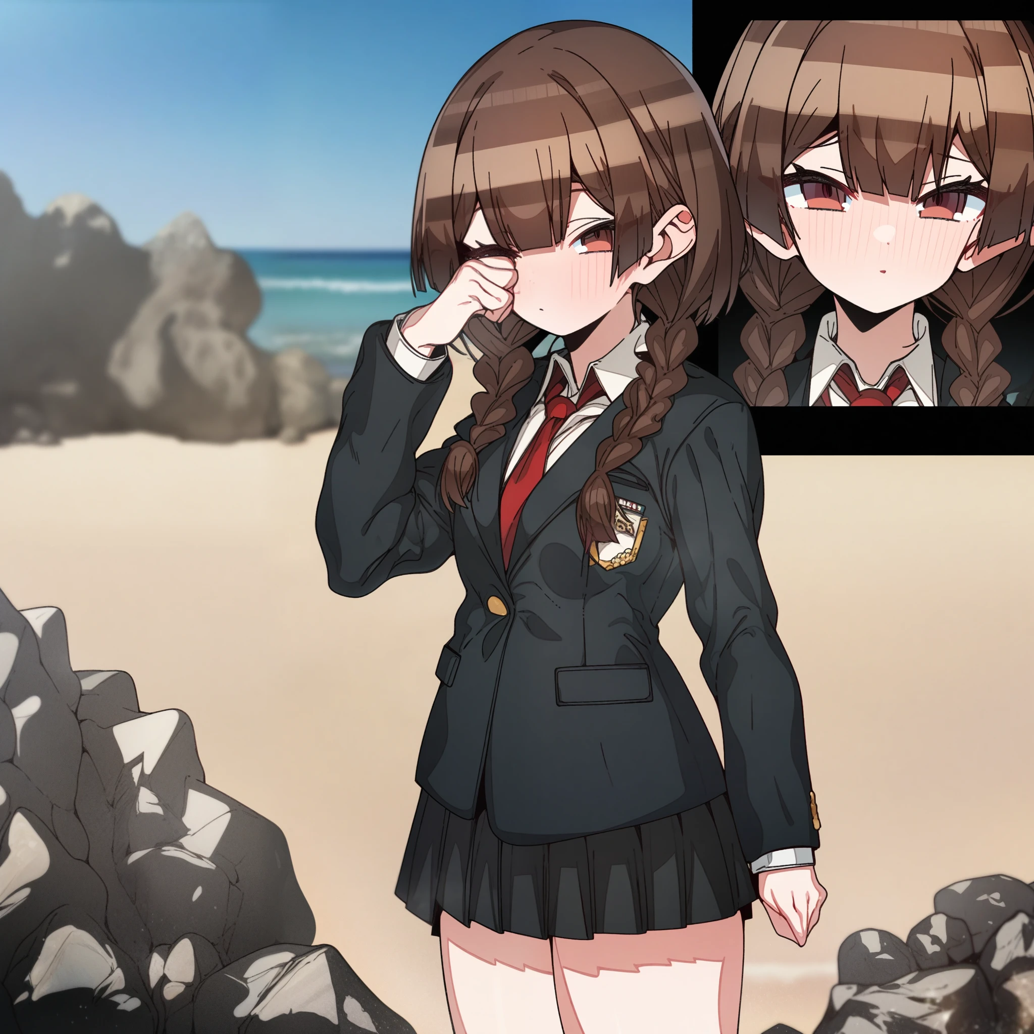 houshou_marine with brown hair and brown eyes, Artist, erere, Copyrights, idolmaster, idolmaster_shiny_colors, Character, General, 1girl, brown_hair, blunt_bangs, blush, medium_breasts, breasts, detailed eyelashes, beatiful girl:1, brown_eyes, censored, school_uniform, black pleated skirt:0.7, black blazer:0.5, white shirt, red tie, twin_braids, :|:0.5, (full_body) (standing in middle, beach, rocks), sky:0.7, half-closed_eyes, detailed, sand, outdoors, from_side, looking_at_viewer, masterpiece, best_quality, great_quality, girl, solo, center_composition, centered character, cute, rubbing_eyes, sleepy