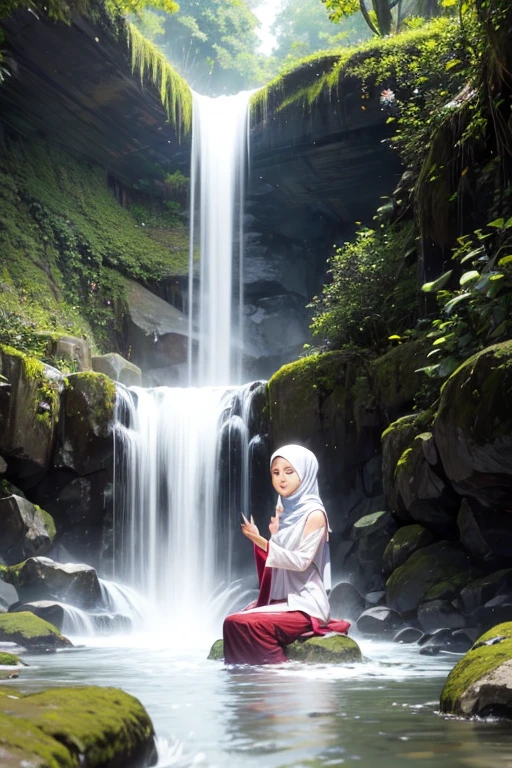 Wanita hijab bermain piano, latar belakang waterfall dan taman berumput hijau