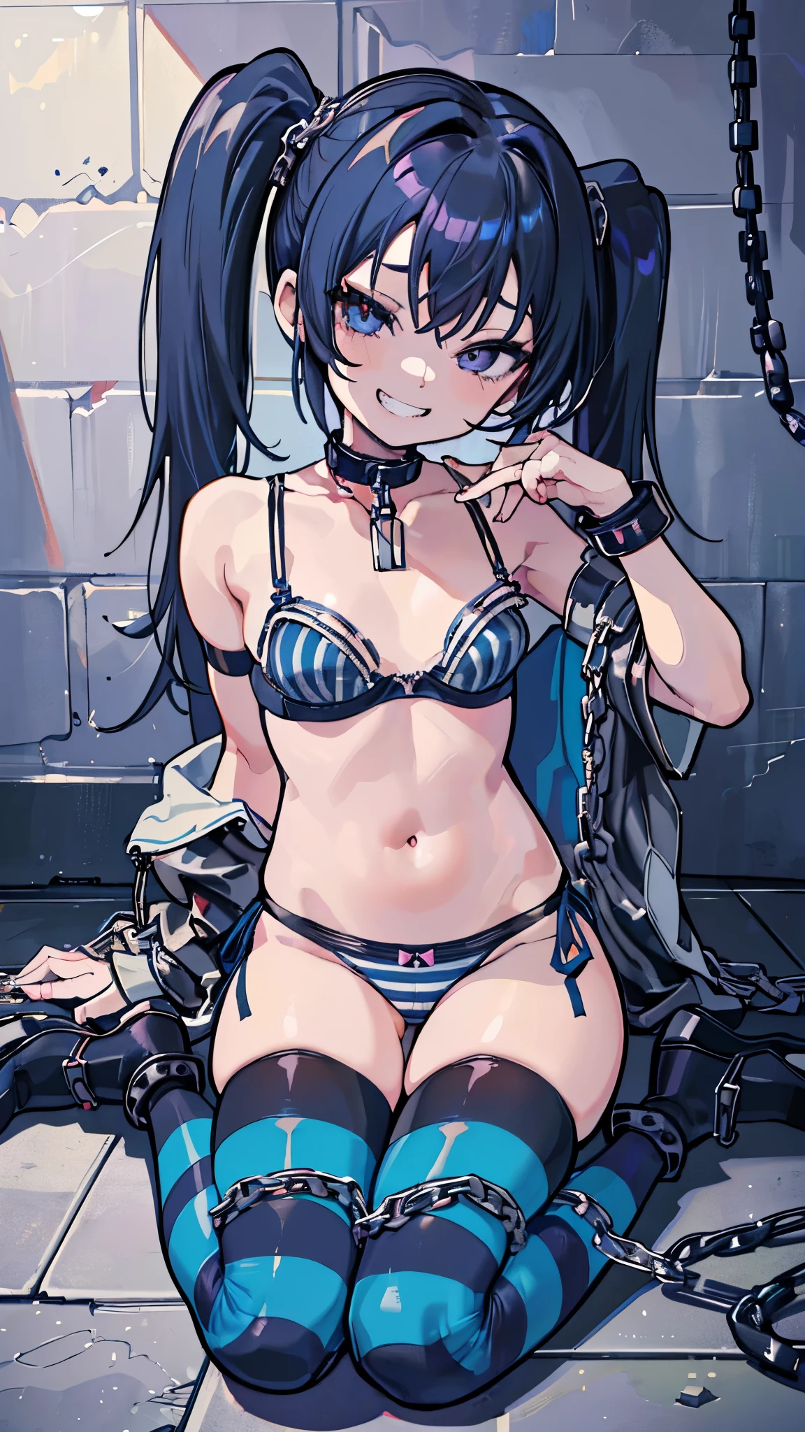 (8k、Best image quality、highest quality、masterpiece)、Detailed face、One girl、Black Hair、twintails、Grey Eyes、evil smile、((Grin))、((Dog collar with chain))、Small breasts、((right blue stripe bra))、((right blue stripe panties))、((thighhighs))、wariza、((bondage))、((Chained))、Concrete floor、Dimly lit room、Brick Background