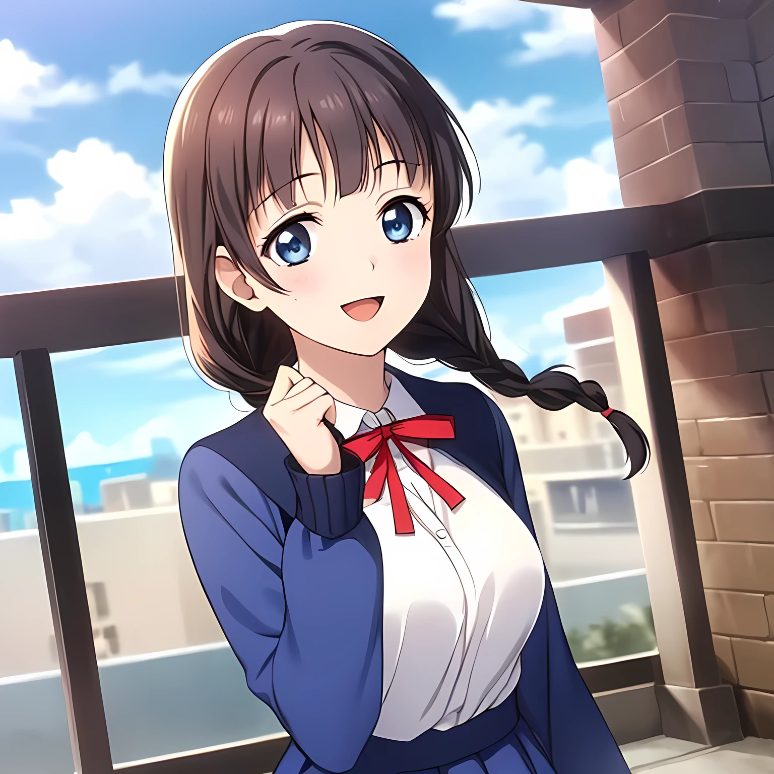 (highest quality, masterpiece:1.2), highest quality, High resolution, 1080p, 8K, Game heroine CG, Height: 158cm, ((A beautiful girl, the game heroine, is smiling and looking proudly.)), A face that everyone loves, Glossy lips, Even bangs, Double, Long eyelashes on both the top and bottom, Smiling blue eyes, The very large and thick yellow ribbon bowtie is very cute., ((Black Hair)), ((Beautiful, shiny, long braids)), ((A long, neat, dark navy pleated skirt)), (((A long-sleeved navy blue sailor uniform for winter, all dark blue in color))), ((Navy blue jacket)), Smiling, slightly open mouth like a game heroine, Ribbon in hair, Tight waist, ((The background is pure white)), The wind blowing upwards is shaking my bangs