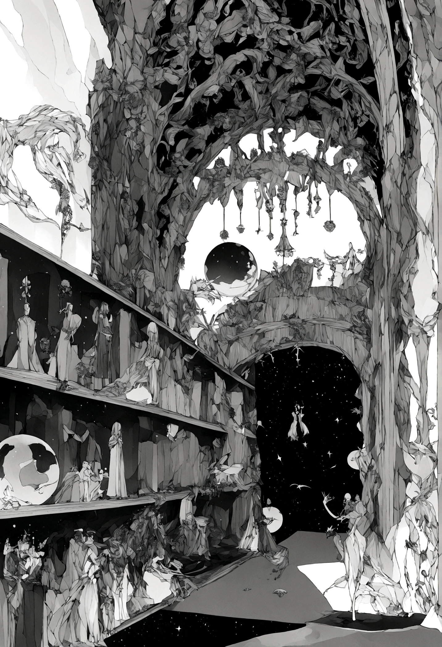 Detailed digital illustration of quantum anomalies taking elusive, shifting forms in a cosmic library housing forbidden knowledge, en pergamino, inky illustration, 3d1s0npunkai
