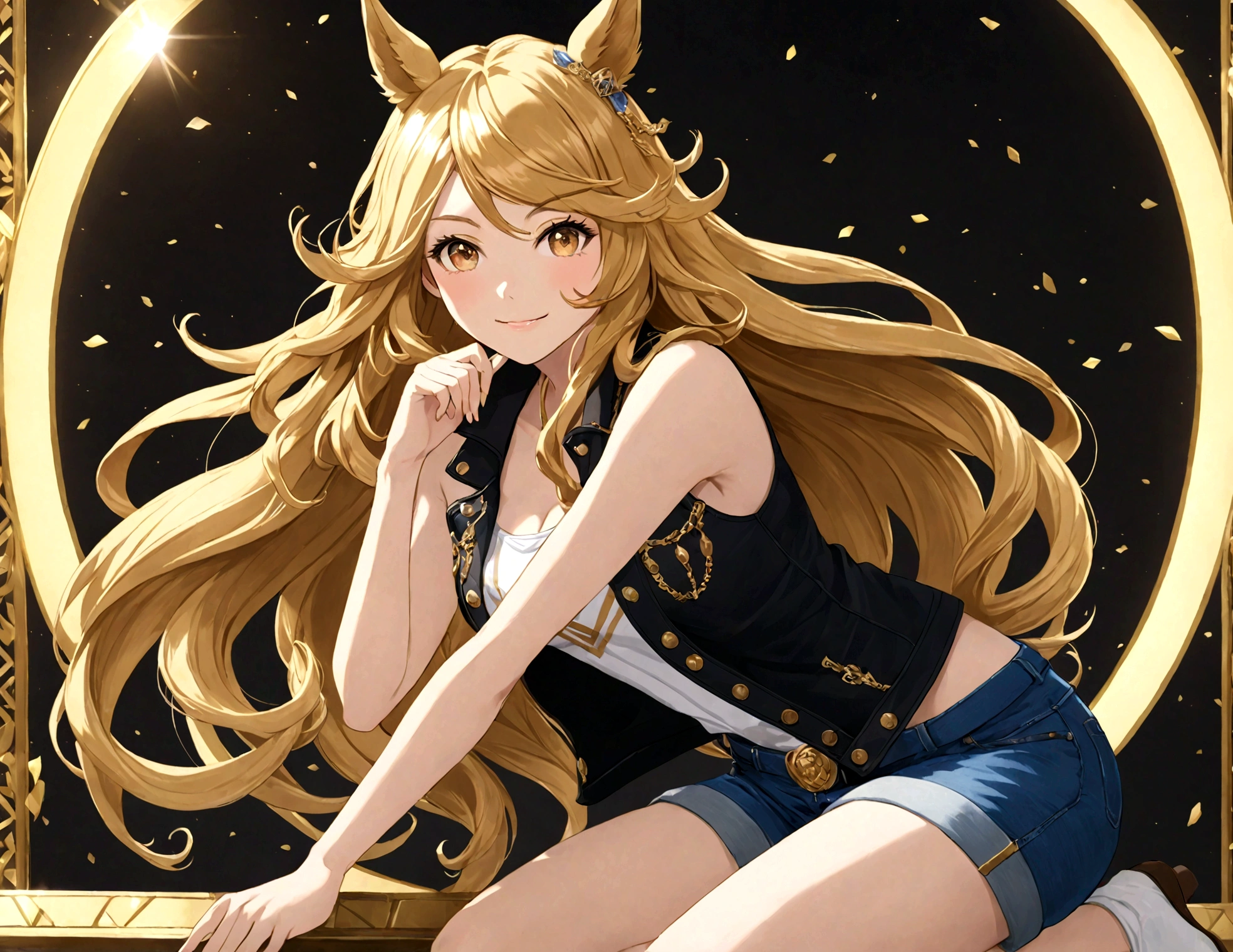 gold_city, umamusume, cygames, detailed, beautiful golden wave long hair, shiny elegant smile, The pose of the model, long white legs, show shoulders and arms, short jeans, open Sleeveless jacket