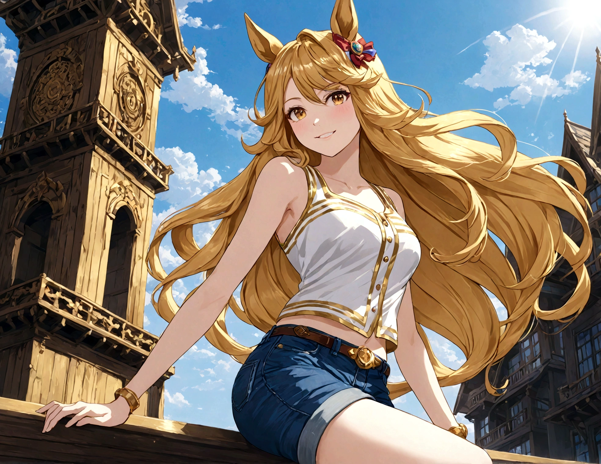 gold_city, umamusume, cygames, detailed, beautiful golden wave long hair, shiny elegant smile, The pose of the model, long white legs, show shoulders and arms, short jeans, open Sleeveless jacket