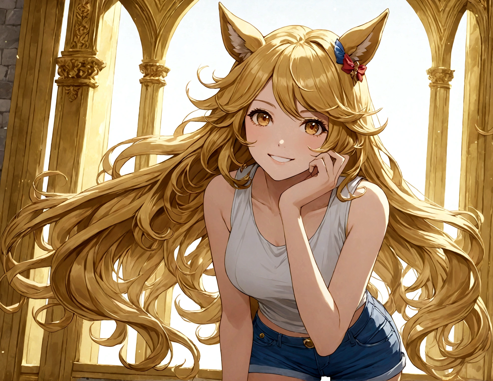 gold_city, umamusume, cygames, detailed, beautiful golden wave long hair, shiny elegant smile, The pose of the model, long white legs, show shoulders and arms, short jeans, open Sleeveless jacket