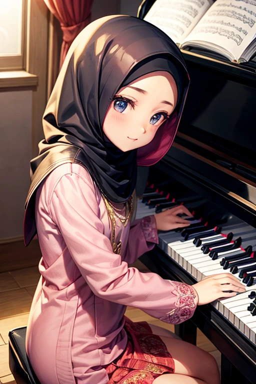 Wanita hijab bermain piano,