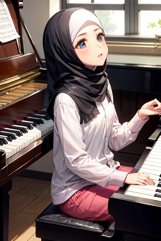 Wanita hijab bermain piano,