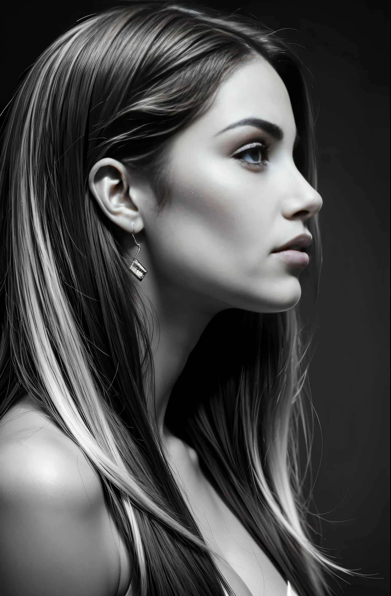 Beautiful woman face, side profile, high contrast, digital art, digital drawing, black and white