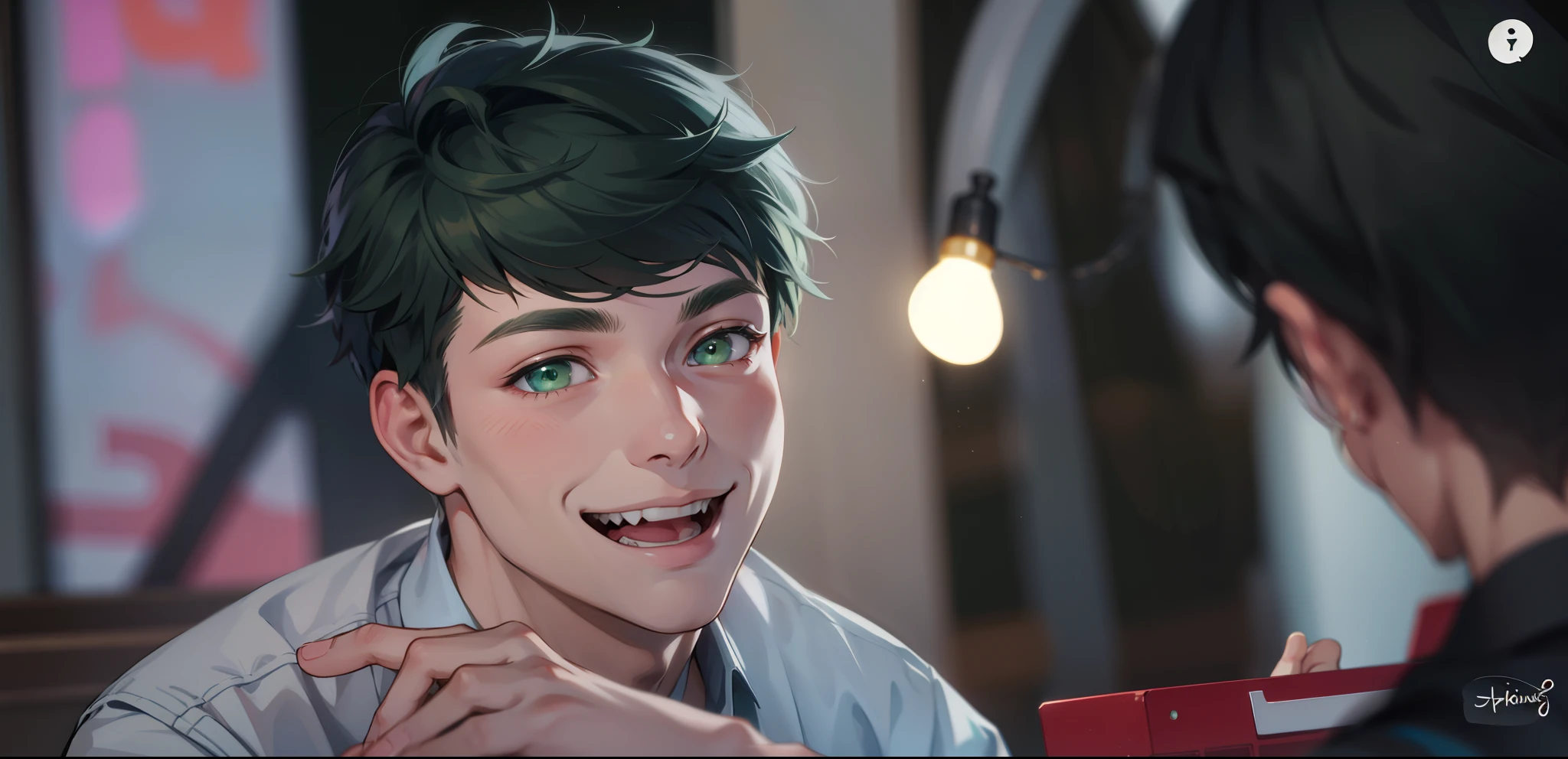 cute 18 year old boy, green eyes, white hair, smile and mischievous look, he is talking with joy