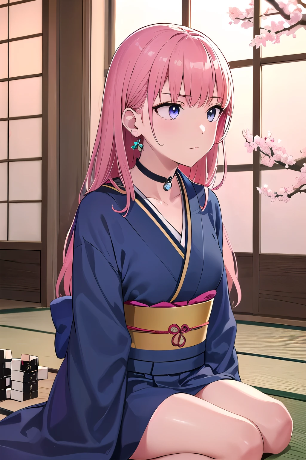 (8K, top-quality, masterpiece:1.2), (reallistic, Photorealsitic:1.37), Super Detail, One girl,), (Highly detailed), (beautifully detailed eyes), (of the highest quality), (super detailed ), (masterpiece), (Detailed face),20yr old, ,1 girl, ((pink hair,long hair)), medium breasts, clothed, Perfect Lighting, BREAK (calm colors:1.2), (deep purple:1.2), silver gray, (navy:1.2), (kimono:1.5), (haori:1.4) (silk blend:1.3), (natural linen:1.2), (soft wool:1.2), (cherry blossom motif:1.2), (silver jewelry:1.2), (choker:1.2), (stud earrings), BREAK (upper body to thighs:1.2), (pink long hair:1.2), (serious expression:1.2), (looking down slightly:1.2), (facing forward:1.2), (seiza:1.2), (playing Japanese shogi:1.5), (traditional Japanese room:1.3), (soft natural light:1.3)


