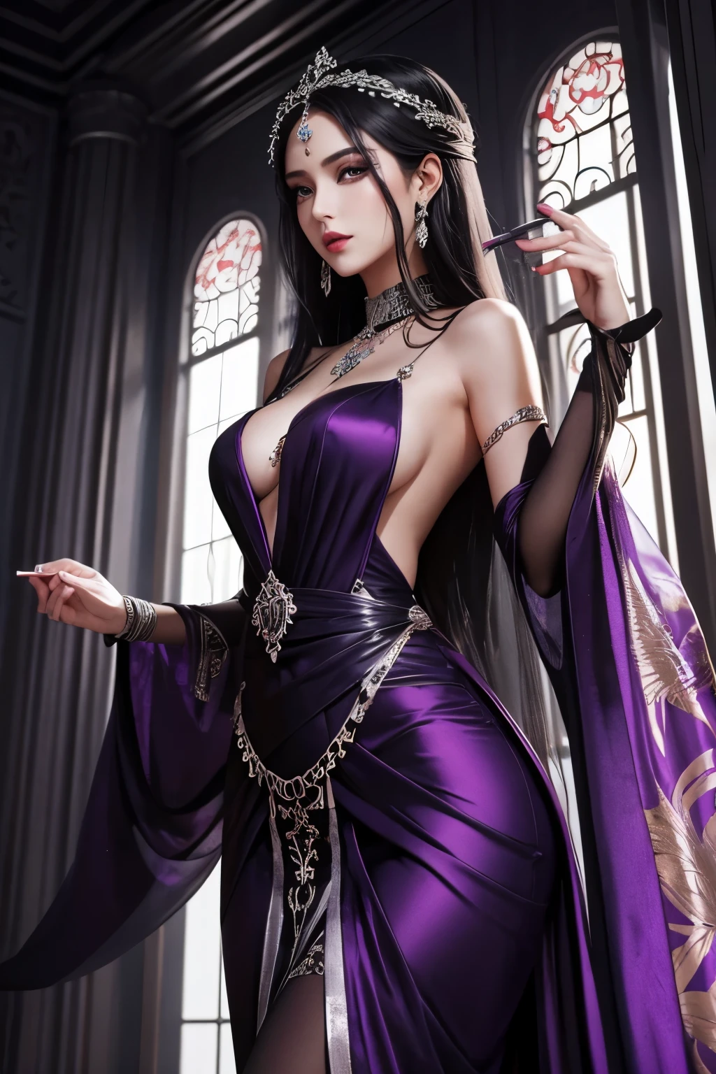 Modern goddess of lust and love, darker desire, in a modern temple, colors of her dress purpel and silver
