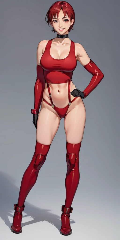(plain background, 8k, best quality, masterpiece, realistic, photo-realistic:1.37) (full body height standing straight symmetrical contrapposto) (looking at viewer) 2legs apart (wide stance) ultra detailed, 1solo cute girl (beautiful detailed eyes) (smile:1.2) (closed mouth) view from below depth of field, good composition, bob hair, perfect knockers, suspenders, toned body, athletic, wide hips, thin waist, toned arms, exposed abdomen, abs toned, navel, big belly button belt ((red cheeks, red eyes, red tank top, red thong, red gloves gauntlets, red stockings thighs)) (Rei Kishimoto) standing contrapposto bondage pole